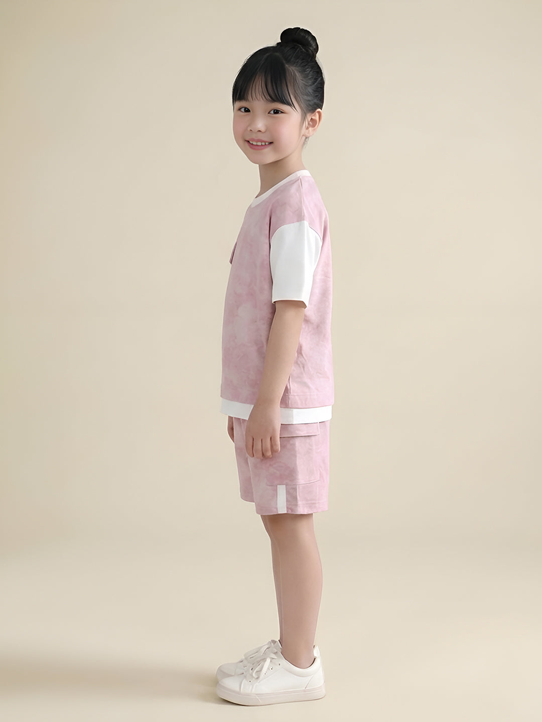 Polka Tots Half Sleeves Tie-Dye T-Shirt Shorts with Pocket Detail - Pink