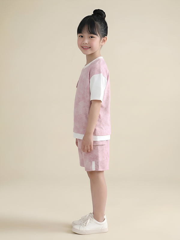 Polka Tots Half Sleeves Tie-Dye T-Shirt Shorts with Pocket Detail - Pink