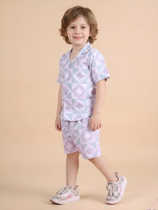 Polka Tots Half Sleeves Geometric print Co-ord Shorts - Blue