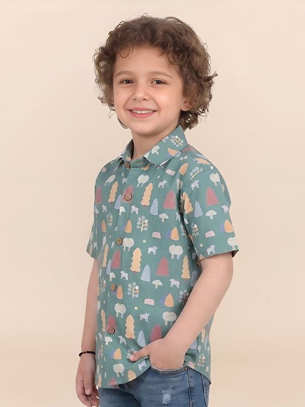 Polka Tots Half Sleeves Trees print Shirt - Dark Green
