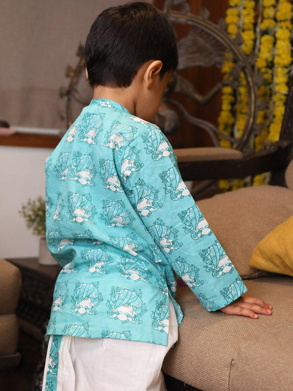 Polka Tots 100% Super Soft Cotton Tribal Print Full Sleeve Kurta With Dhoti Set - Sky Blue
