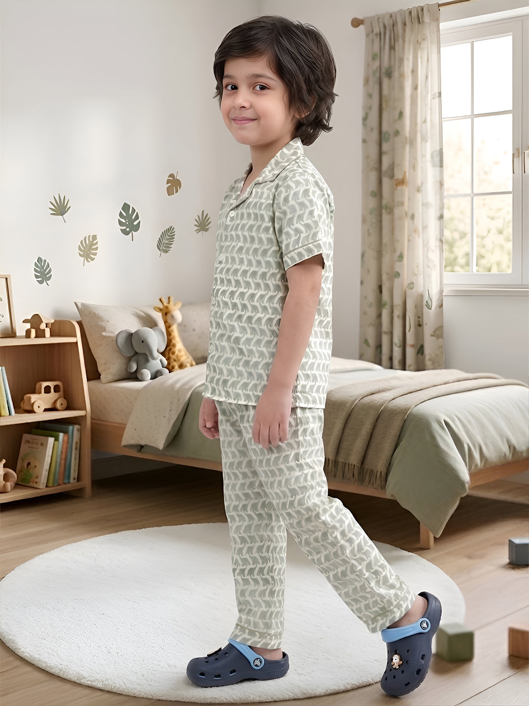 Polka Tots Half sleeves Elephant print Night Suit - Green