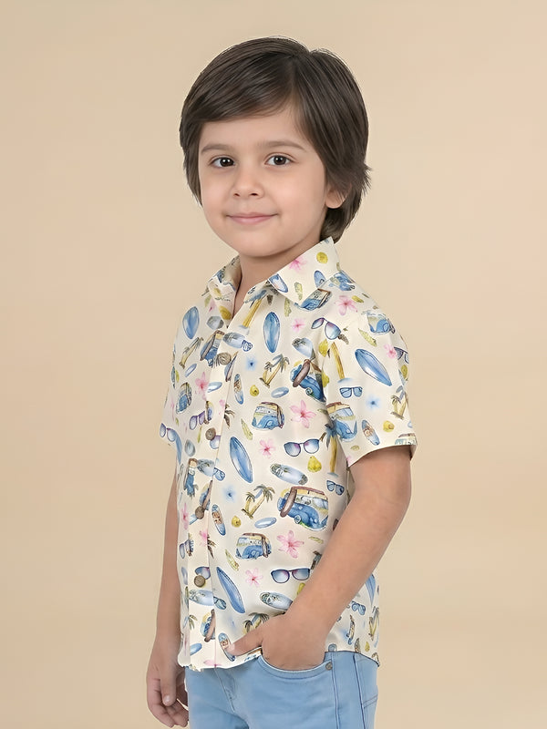Polka Tots Half Sleeves Shirt Beach Print - Cream and Blue