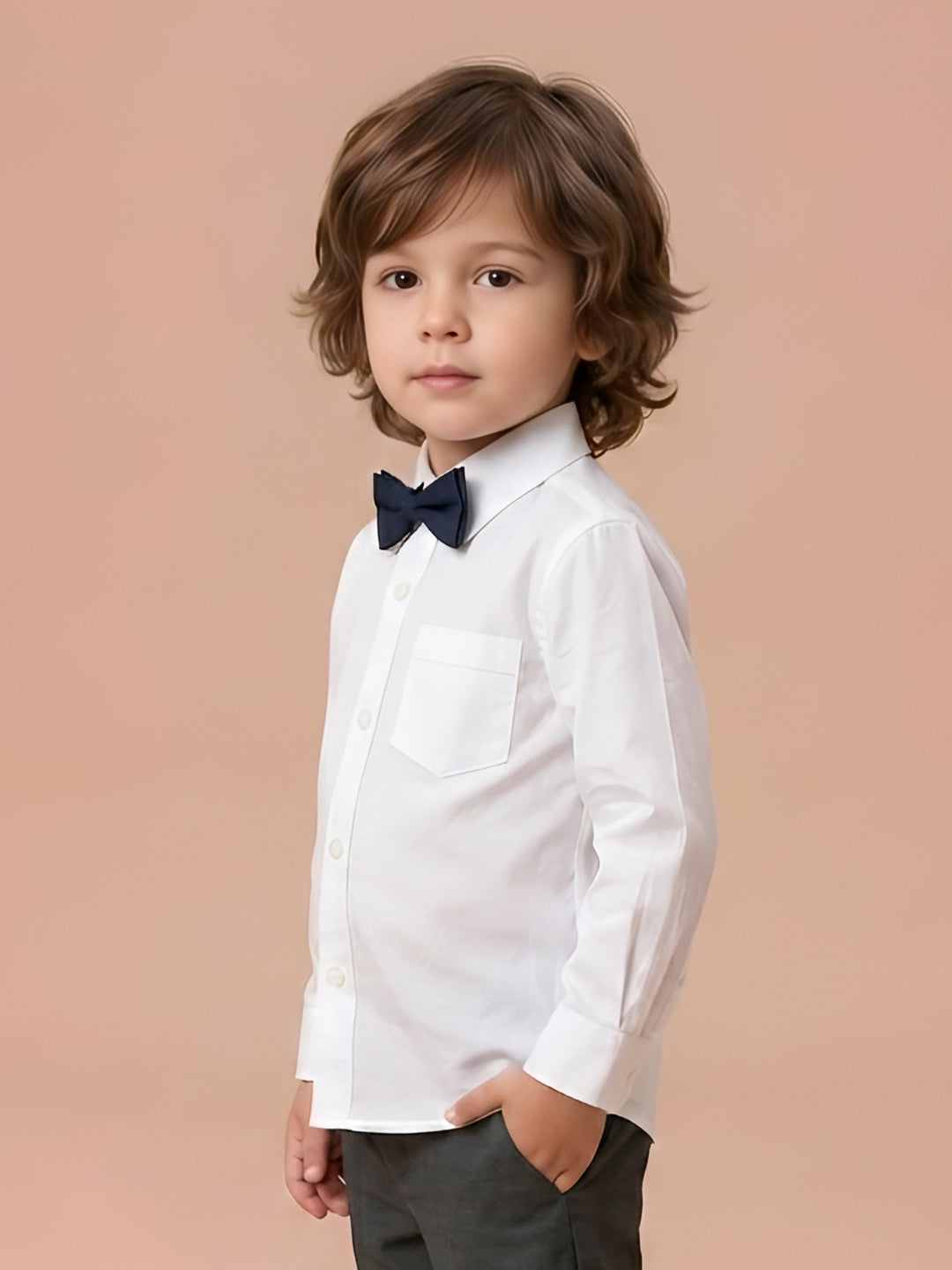 Polka Tots Full Sleeves Cotton Shirt with Bow Tie - White