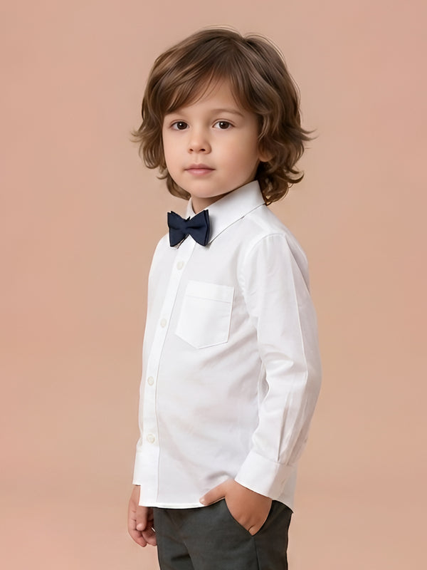 Polka Tots Full Sleeves Cotton Shirt with Bow Tie - White