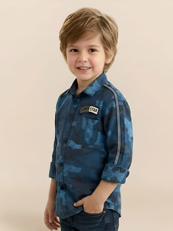 Polka Tots full sleeves shirt military print camouflage  patch  - Blue