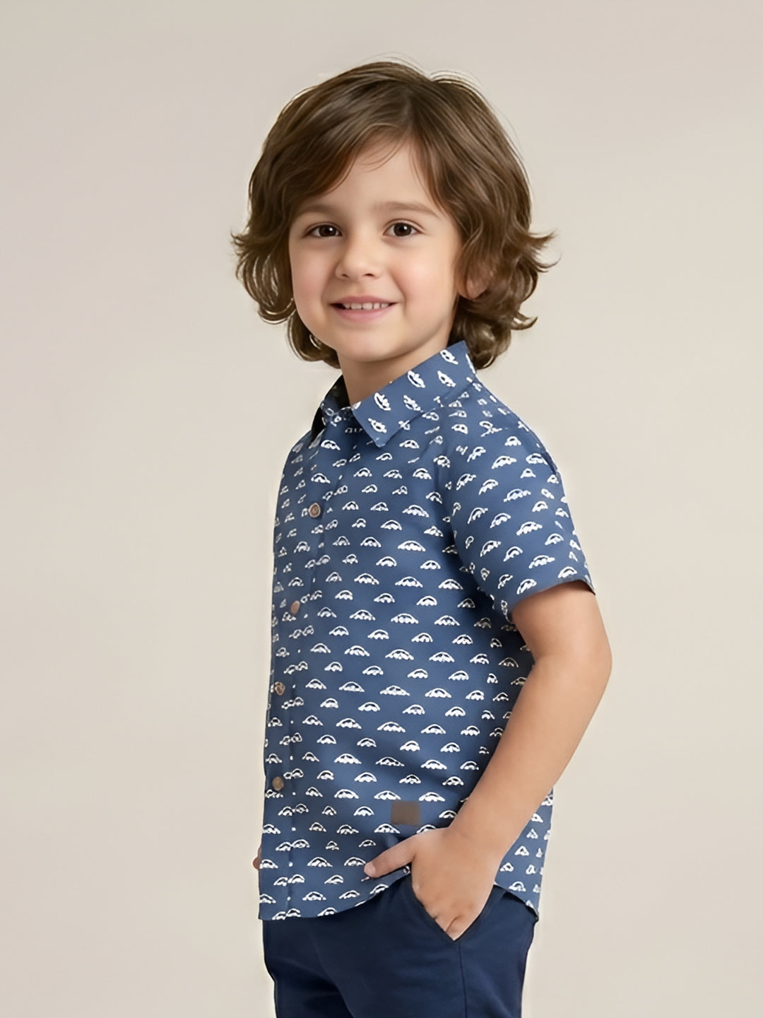Polka Tots Half Sleeves Car Print Shirt - Blue