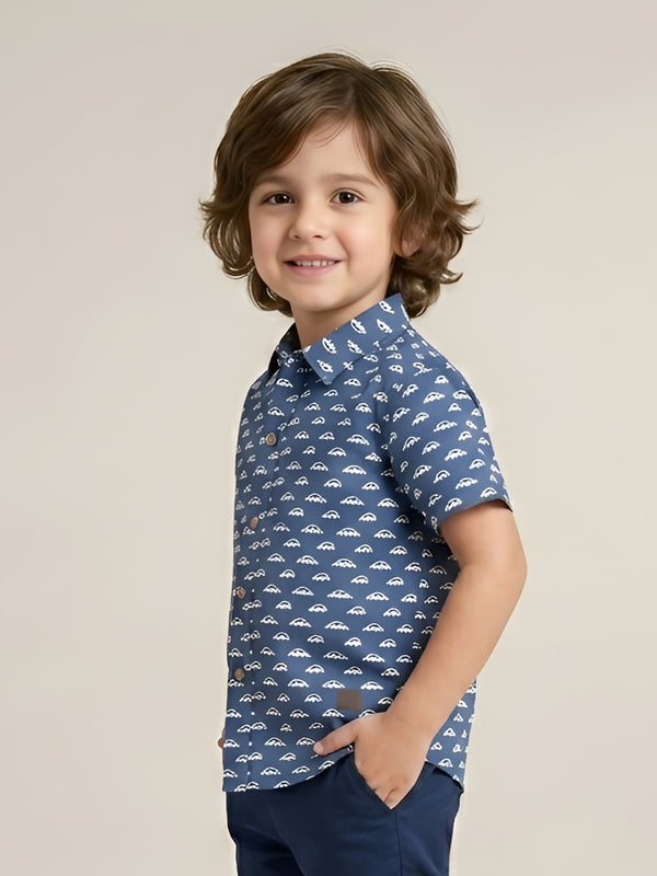 Polka Tots Half Sleeves Car Print Shirt - Blue