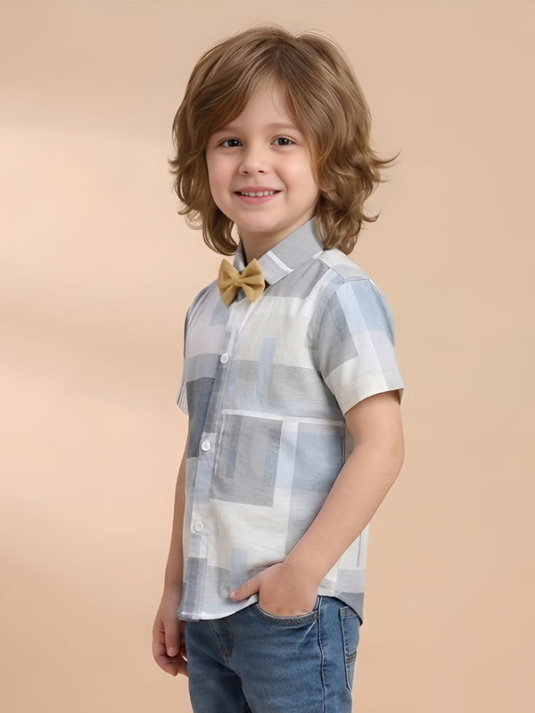 Polka Tots Half Sleeves Shirt with Bow Tie - Grey