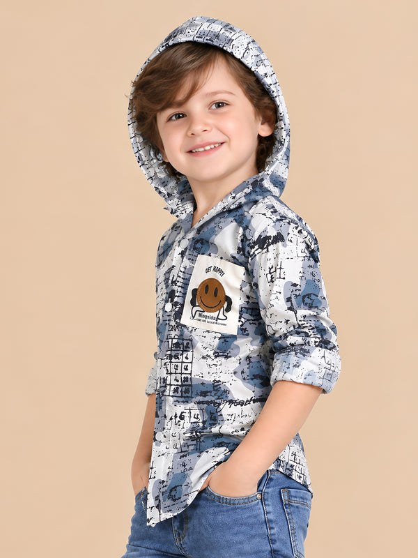 Polka Tots Full Sleeves Abstract Scribble Print Hooded Kids Shirt with Smiley Patch - Blue