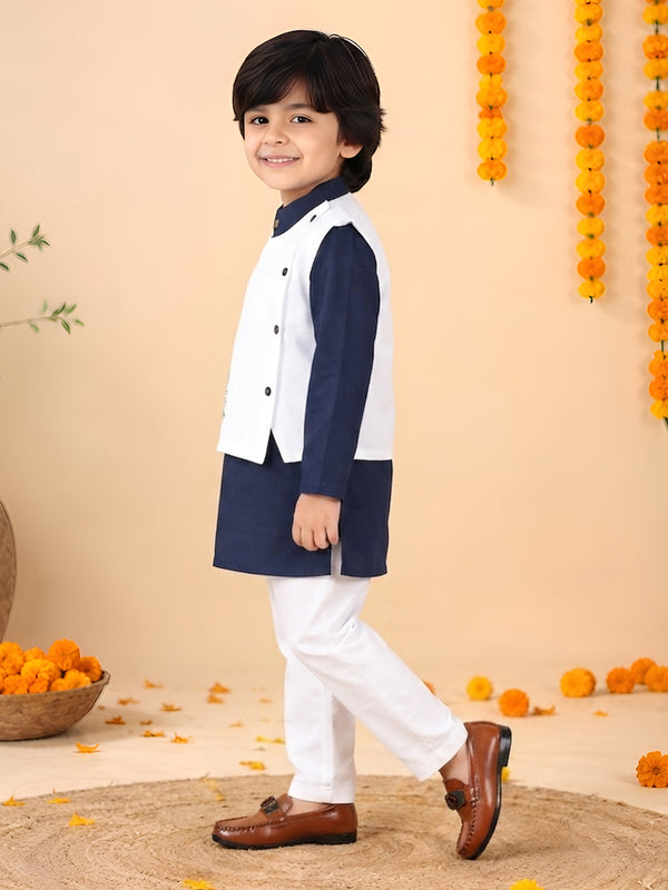 Polka Tots Full sleeves Lion Embroidery Koti Kurta Pyjama - Navy Blue