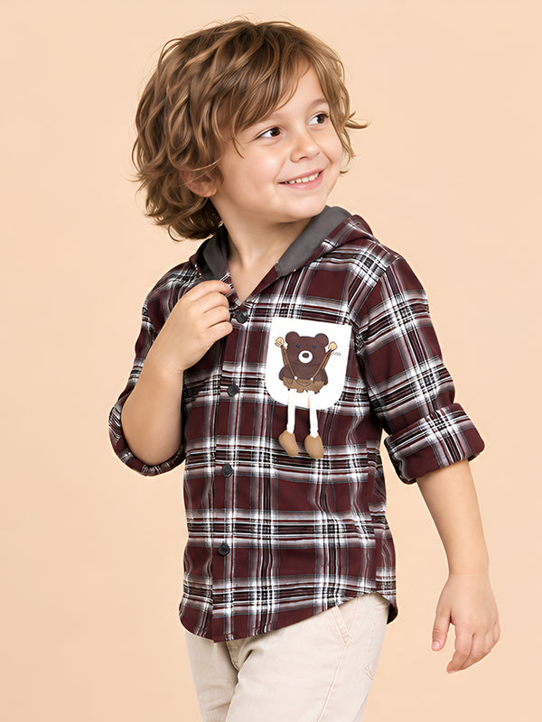 Polka Tots Full Sleeves Teddy Print Shirt - Brown