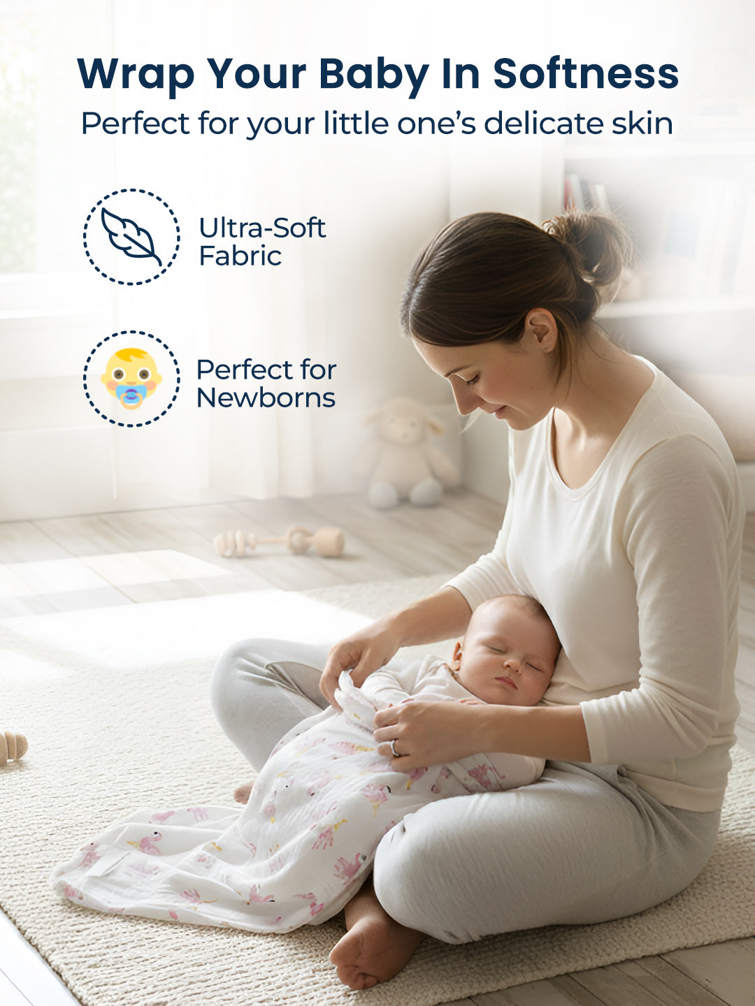 Woman holding a baby wrapped in soft fabric with text about its benefits.