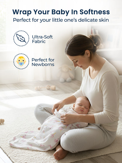 Woman holding a baby wrapped in soft fabric with text about its benefits.