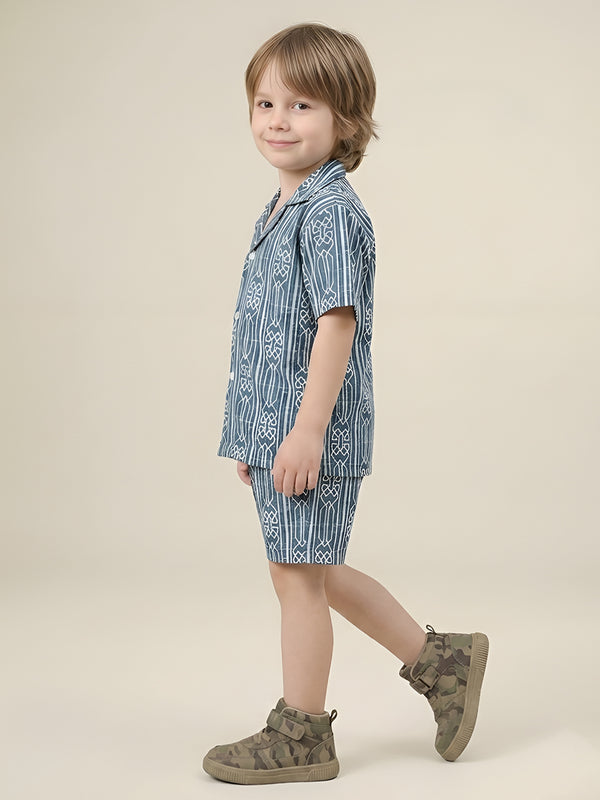Polka Tots Cotton Half Sleeves Geometric print Co-ords - Sea blue