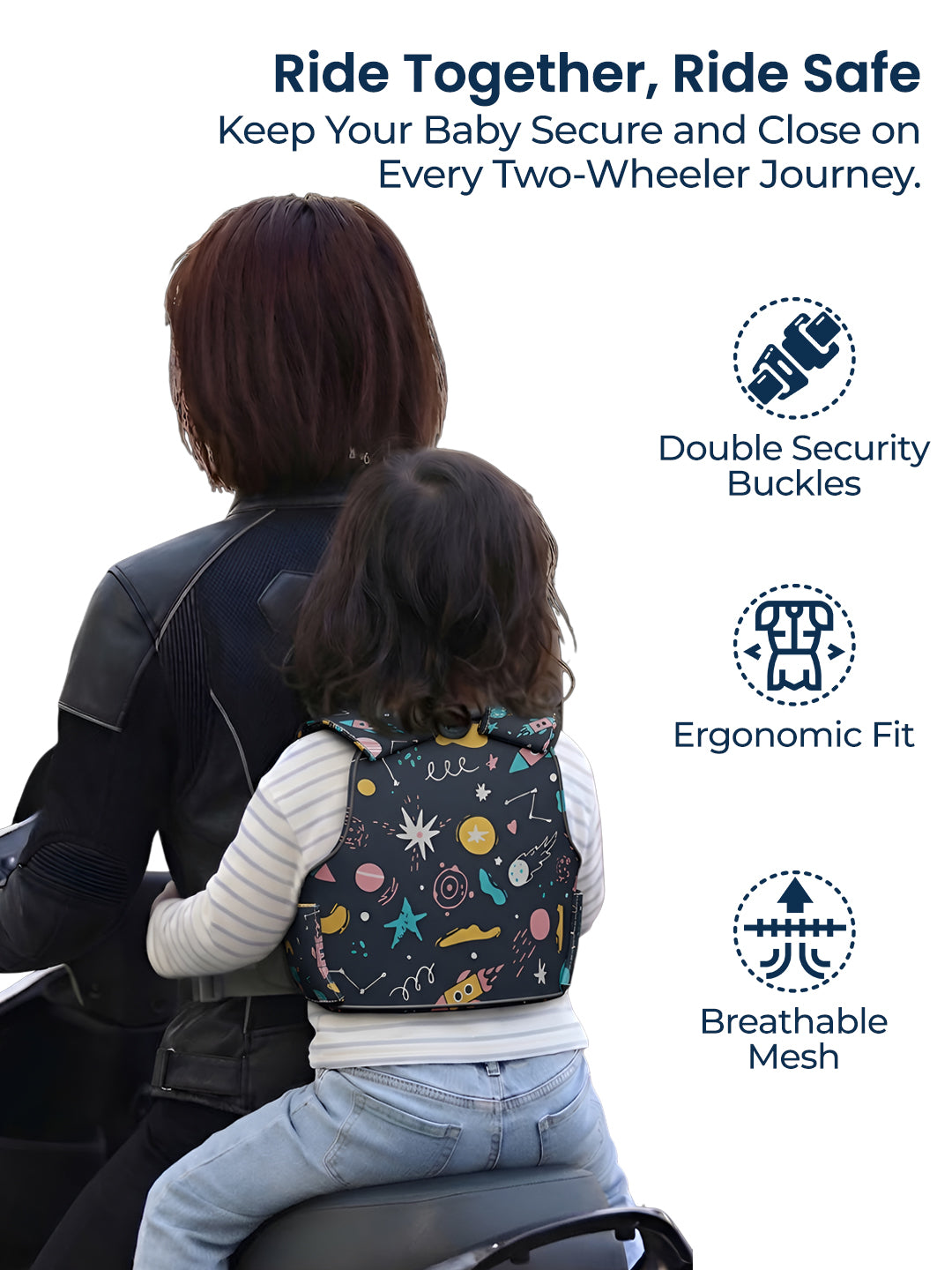 Child wearing a backpack with a parent on a two-wheeler, emphasizing safety and comfort.
