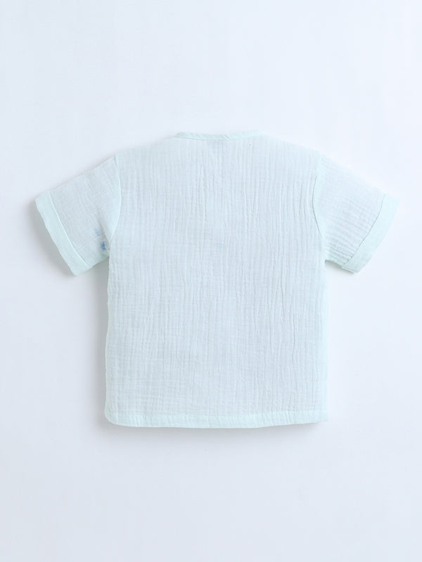Polka Tots Crinkled Muslin Cotton Bear Pocket Patch Jhabla & Pant Set - Pastel green