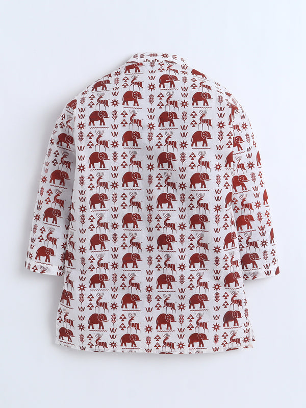 Polka Tots Full Sleeve Varli Print Kurta Dhoti- Maroon