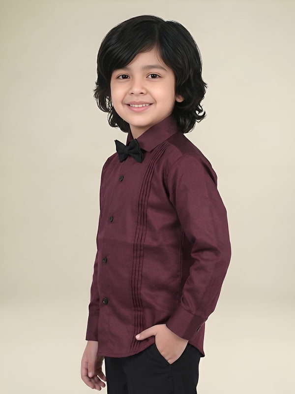 Polka Tots Full Sleeves Cotton Satin Shirt with Bow Tie - Maroon