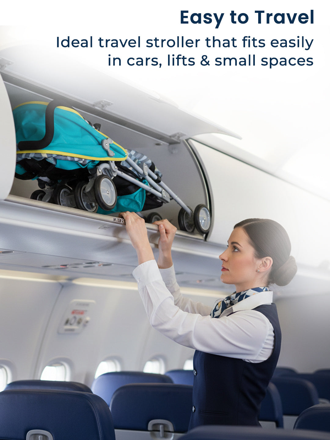 Woman placing a travel stroller in an overhead compartment on an airplane with text about its ease of use.