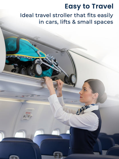 Woman placing a travel stroller in an overhead compartment on an airplane with text about its ease of use.