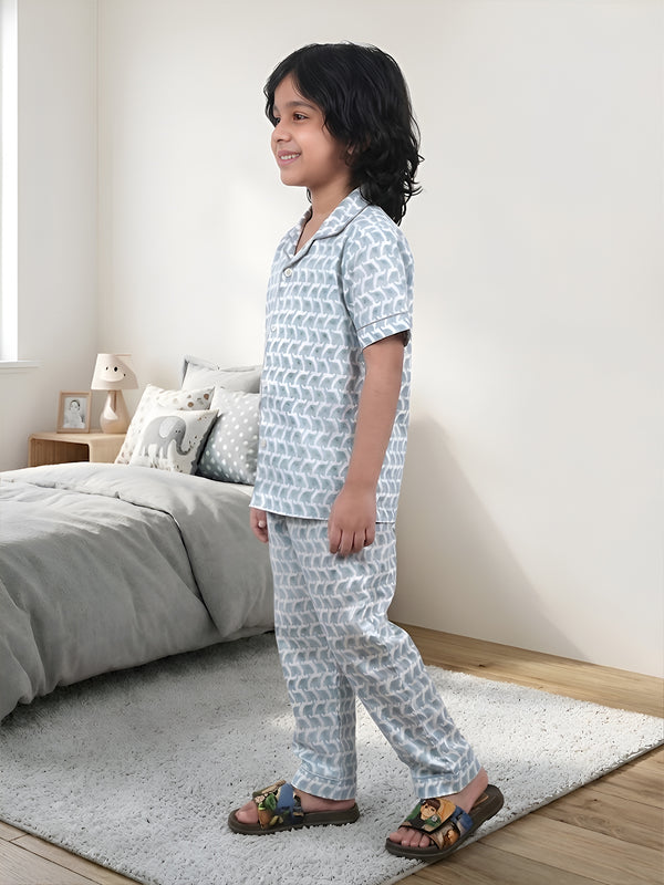 Polka Tots Half sleeves Elephant print Night Suit - Blue