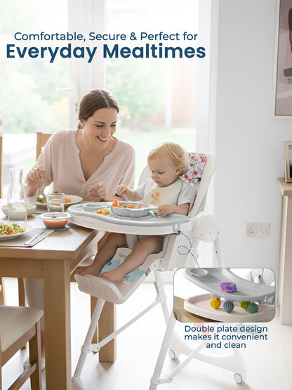 Woman and child using a high chair at a dining table with text about comfort and security for everyday mealtimes.