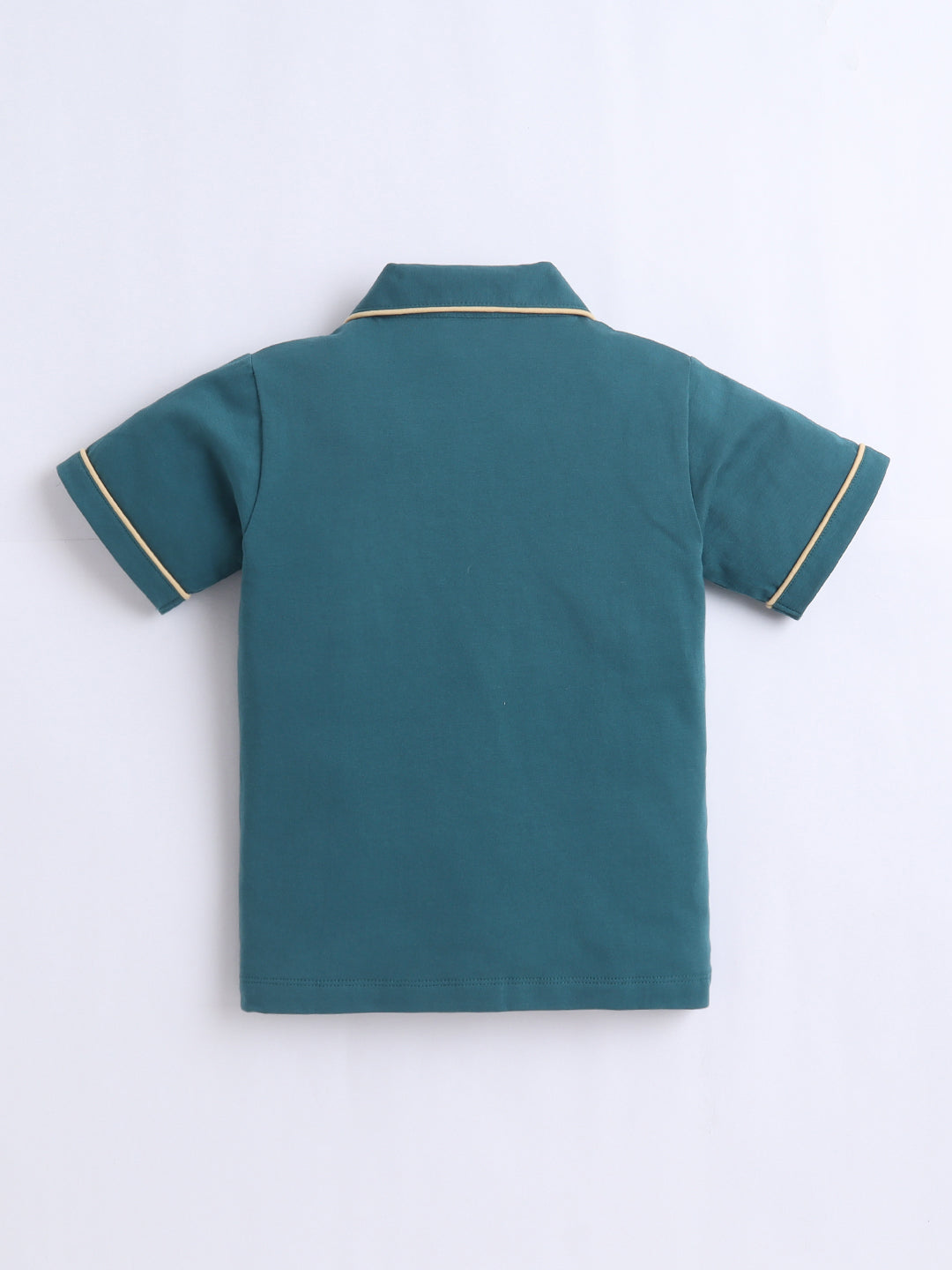 Green polo shirt with white trim on a light gray background