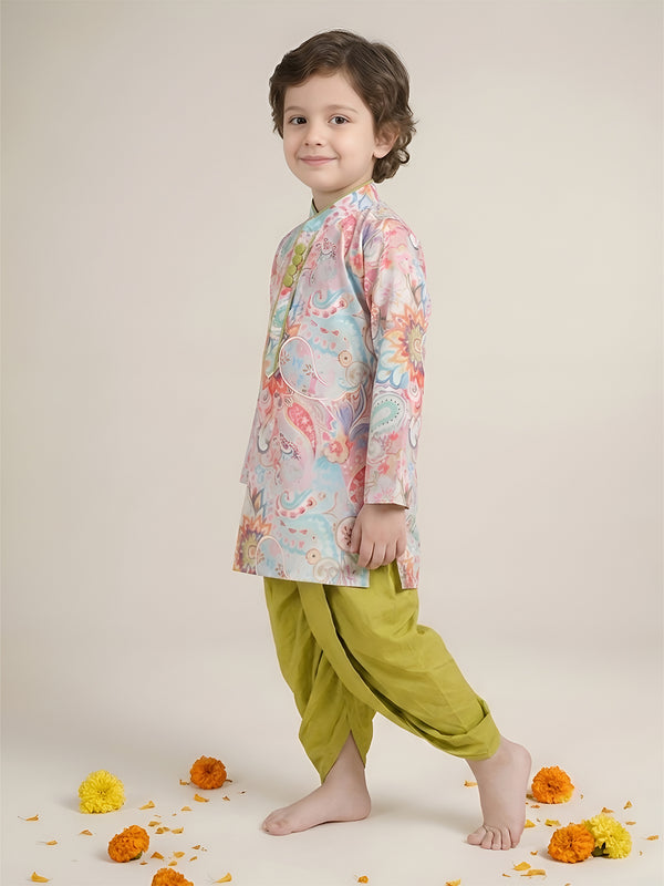 Polka Tots Full Sleeve Ethnic Print Kurta with Dhoti Set - Green