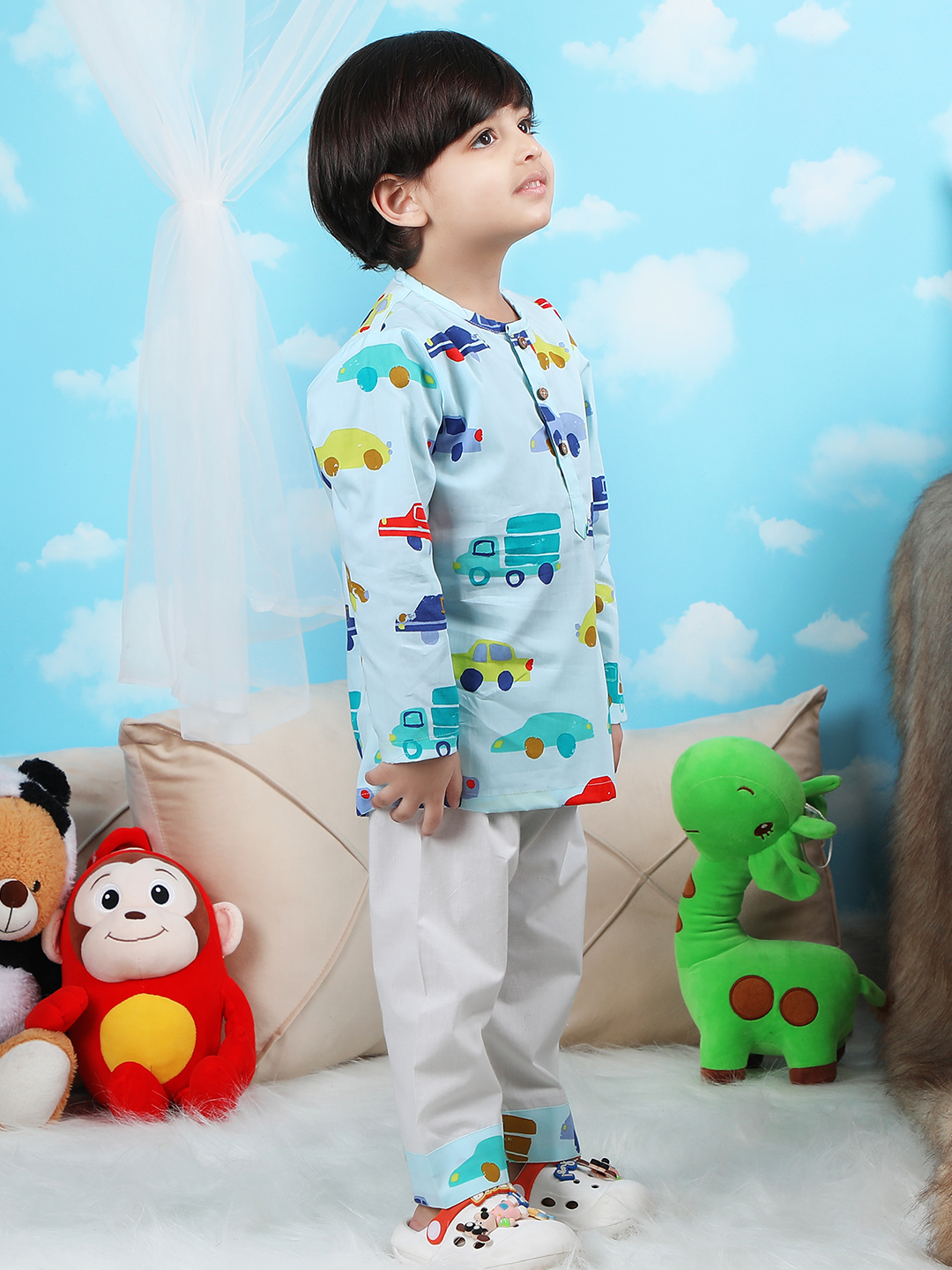 Polka Tots Vehicles print Full sleeves Nightwear Kurta pyjama set - Blue