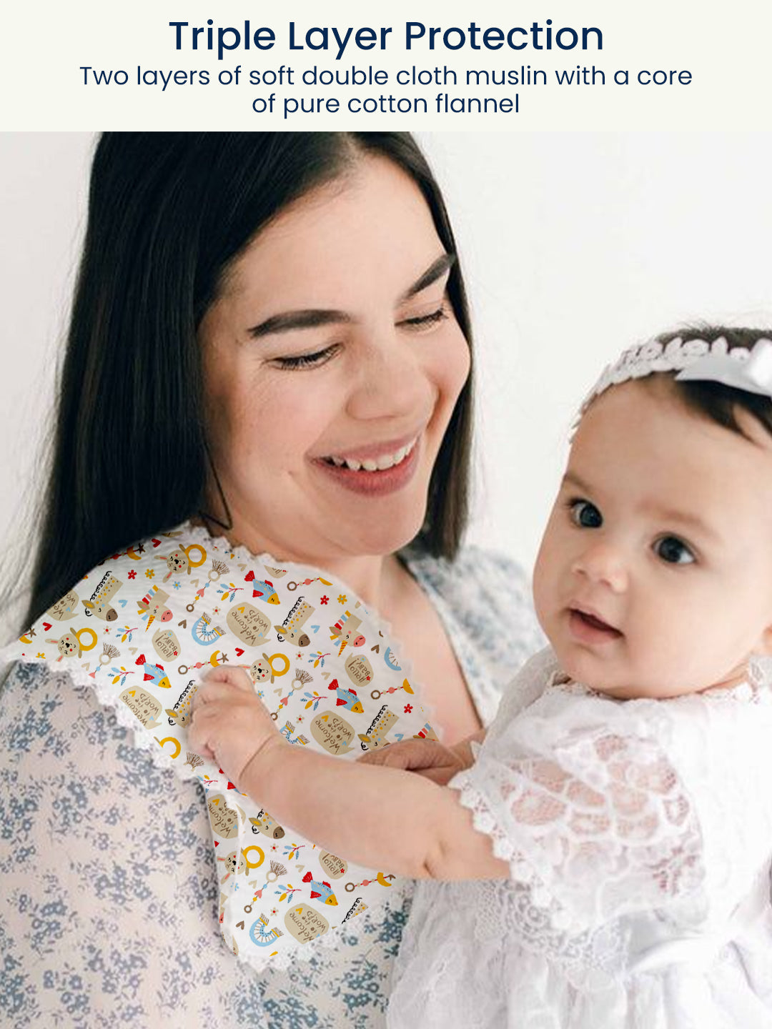 Polka Tots Newborn Pack of 3 100% Soft Muslin Cotton Double Layer Burp Cloths with Pom-Pom Lace