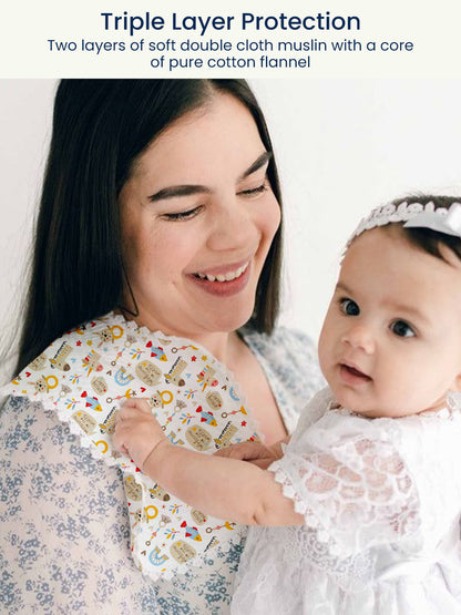 Polka Tots Newborn Pack of 3 100% Soft Muslin Cotton Double Layer Burp Cloths with Pom-Pom Lace