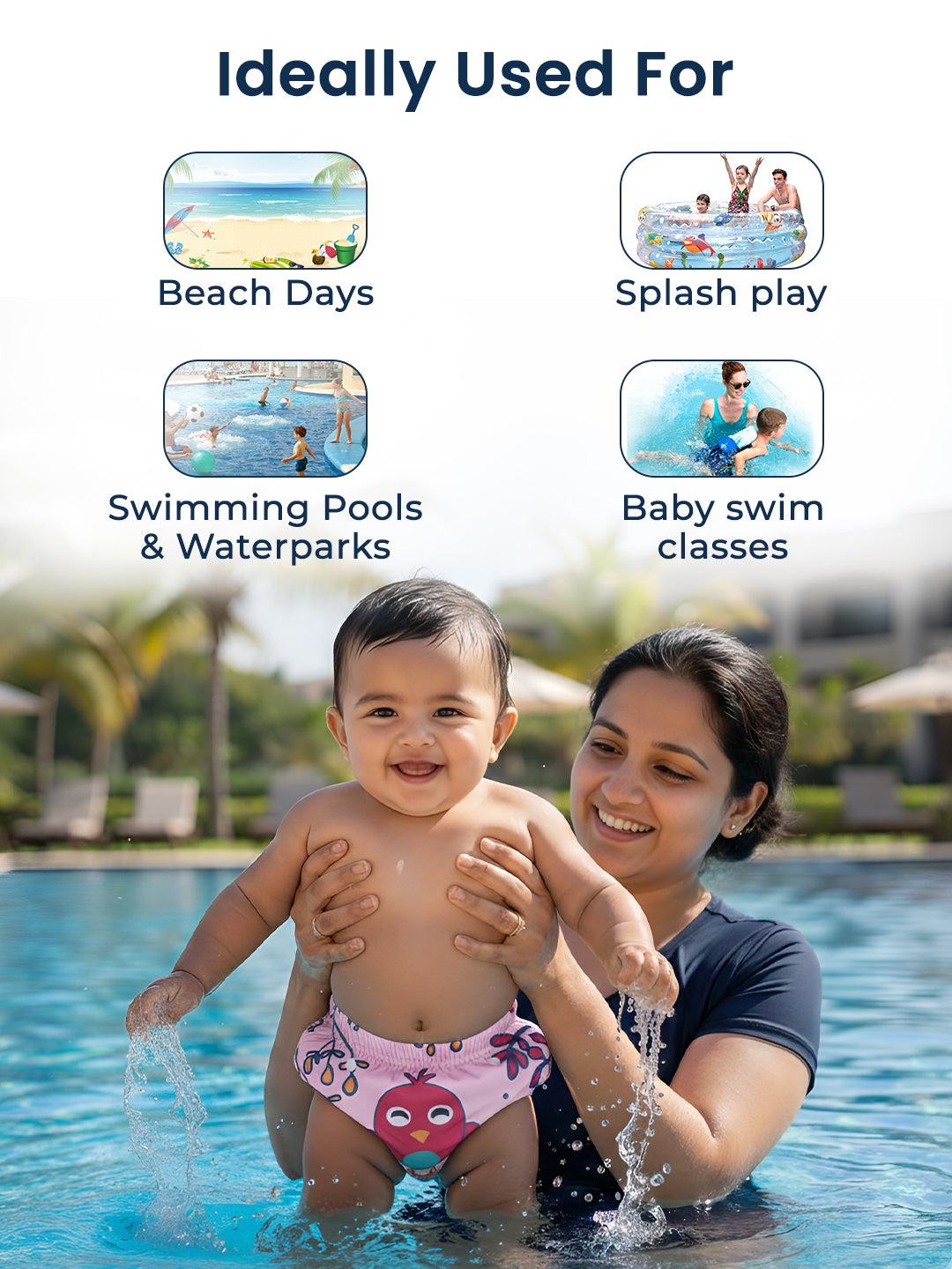 Woman holding a child in a pool with text indicating product use for beach days, splash play, swimming pools, and baby swim classes.