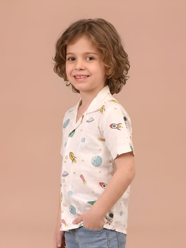 Polka Tots Half Sleeves Space print Shirt - White