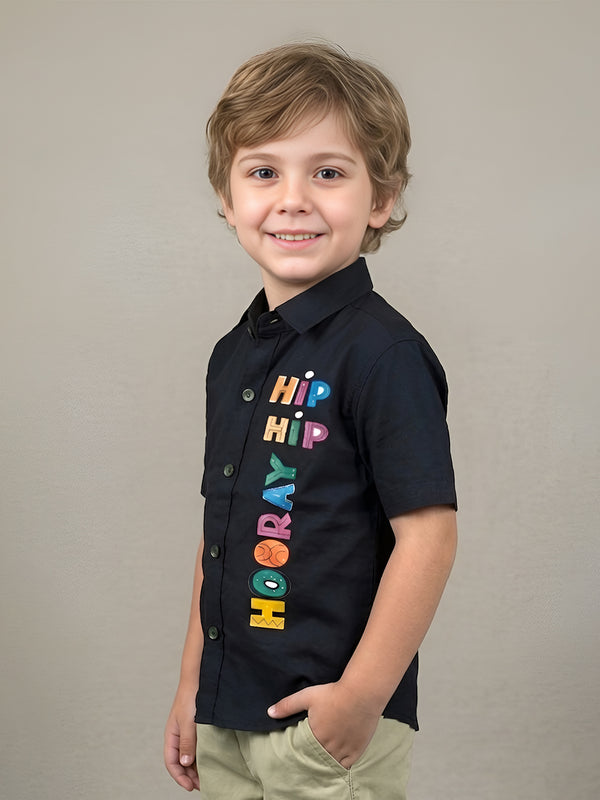 Polka Tots Half Sleeve Hip Hip Hooray Print Shirt - Black