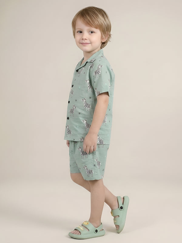 Polka Tots Half Sleeves Zebra Print Co-ords - Green