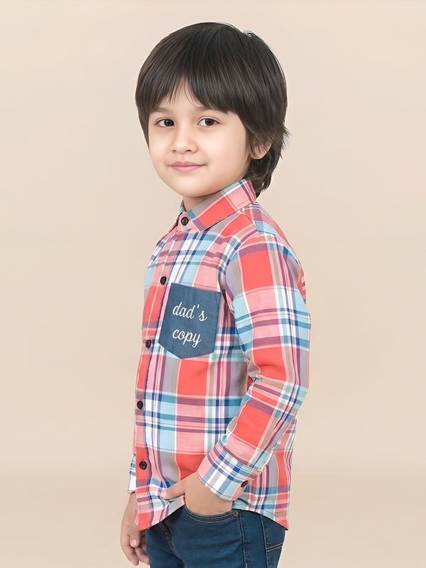 Polka Tots Full Sleeves Dads Copy print Checks Shirt - Coral