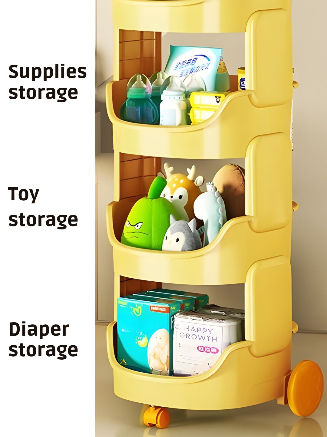 Yellow storage cart with shelves labeled for supplies, toys, and diapers.