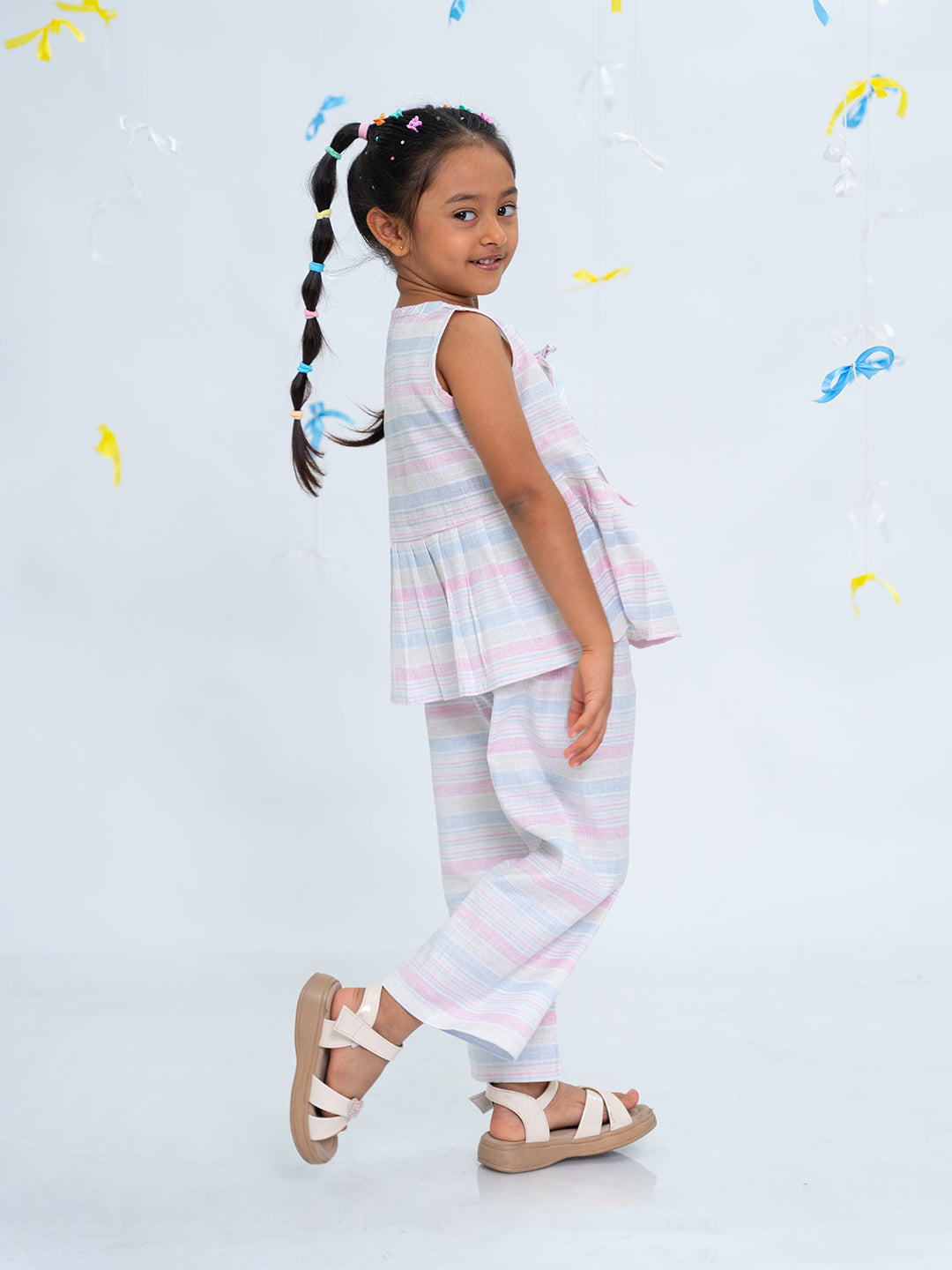 Polka Tots Sleeveless  Statement Bow Top & Bottom Set - Multicolour