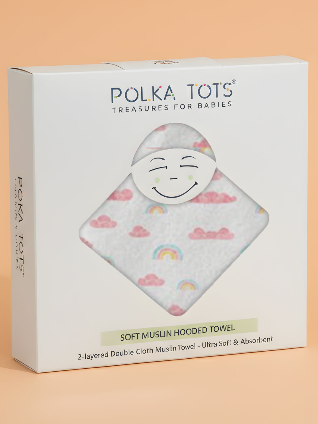 Polka Tots 100% Soft Muslin Cotton 2-Layer Hooded Baby Towel with Ear Appliqué - Rainbow Mist Print