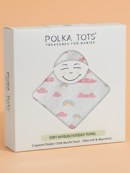 Polka Tots 100% Soft Muslin Cotton 2-Layer Hooded Baby Towel with Ear Appliqué - Rainbow Mist Print