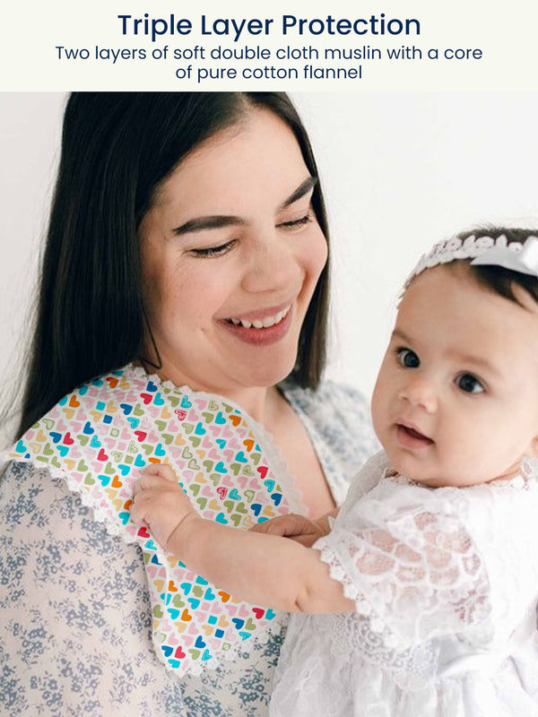 Polka Tots Newborn Pack of 3 100% Soft Muslin Cotton Double Layer Burp Cloths with Pom-Pom Lace