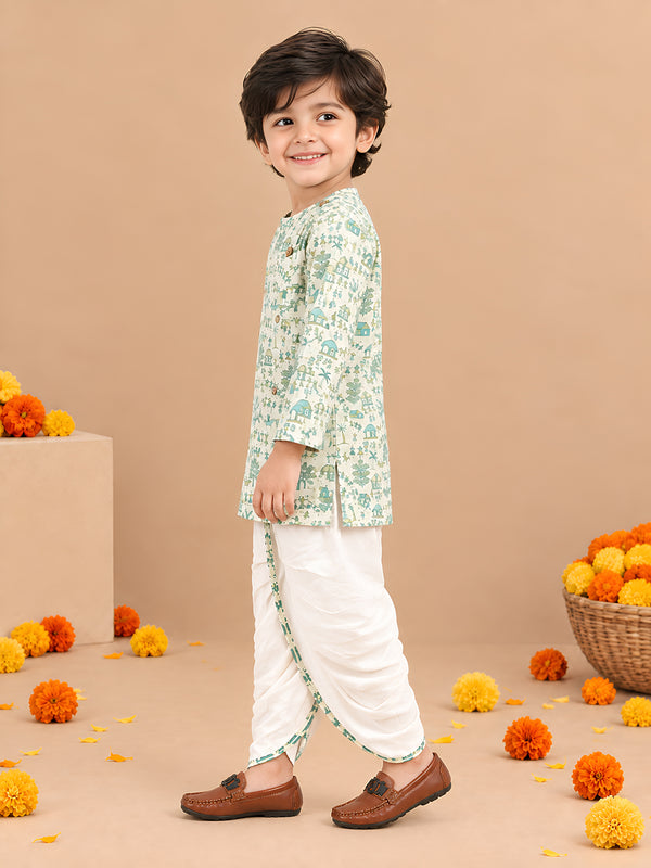 Polka Tots Cotton Full Sleeve Village Print Angrakha Top With Dhoti - Cream