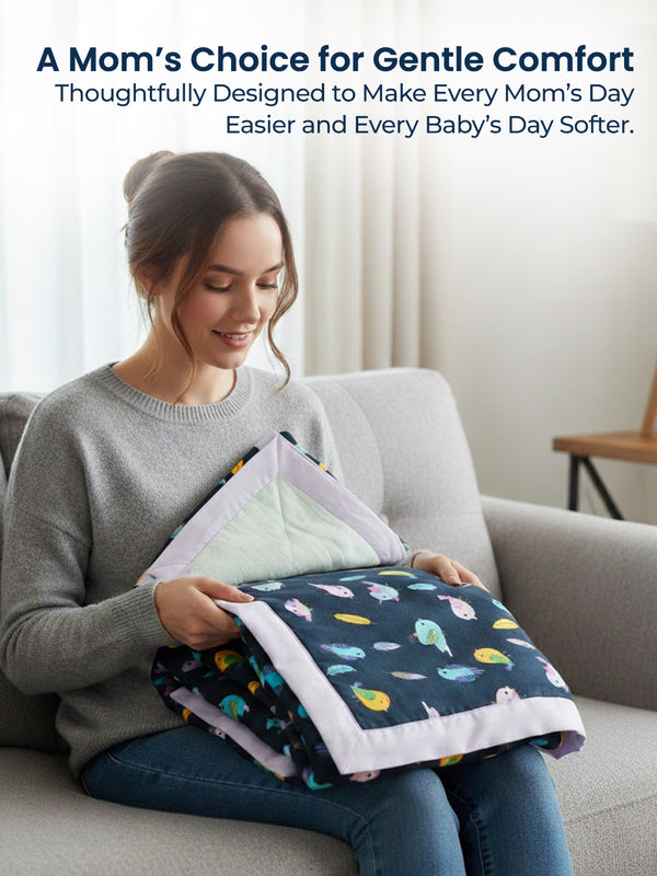 Polka Tots Organic Muslin Cotton two Layer Blanket SuperSoft Size 110 x 110 CM (Bird)