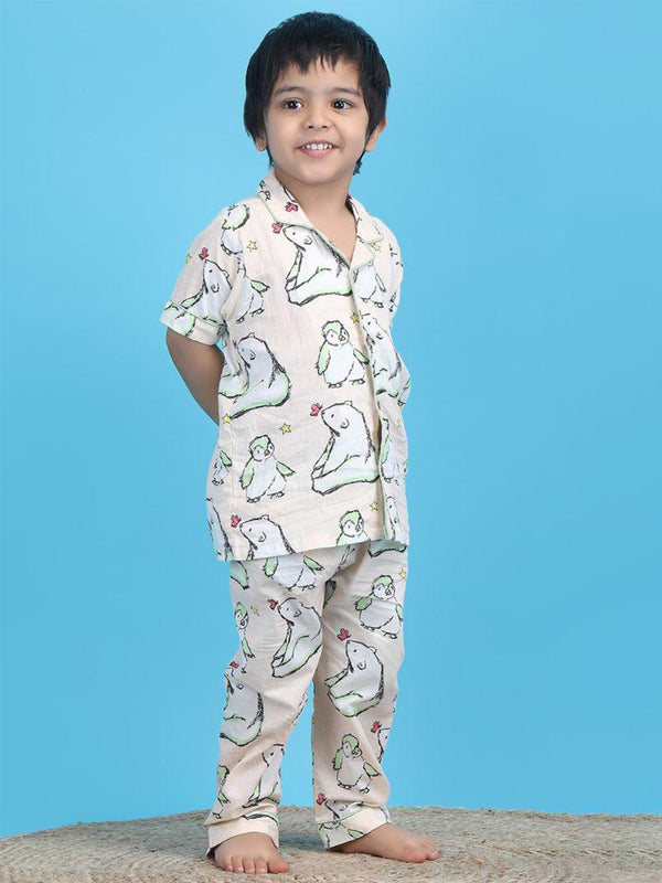 Polka Tots Half Sleeve Bear and Penguin print Night Suit - Peach