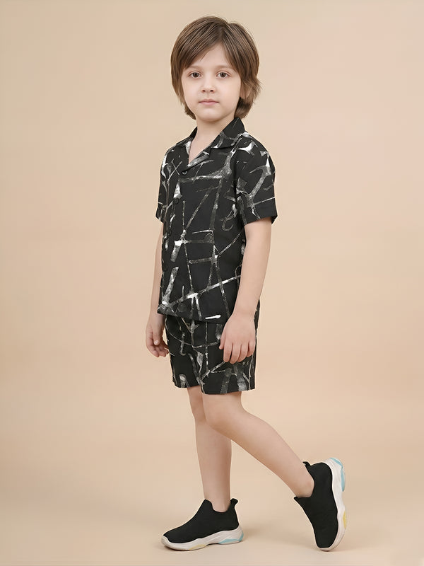 Polka Tots Half Sleeves Brush print Co-ords - Black