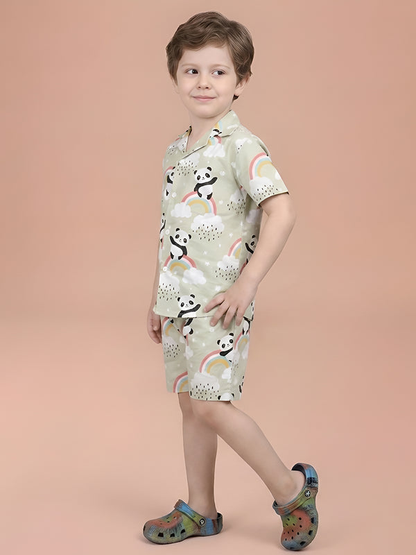 Polka Tots Half Sleeves Panda Rainbow Print Co-ord Shorts - Green