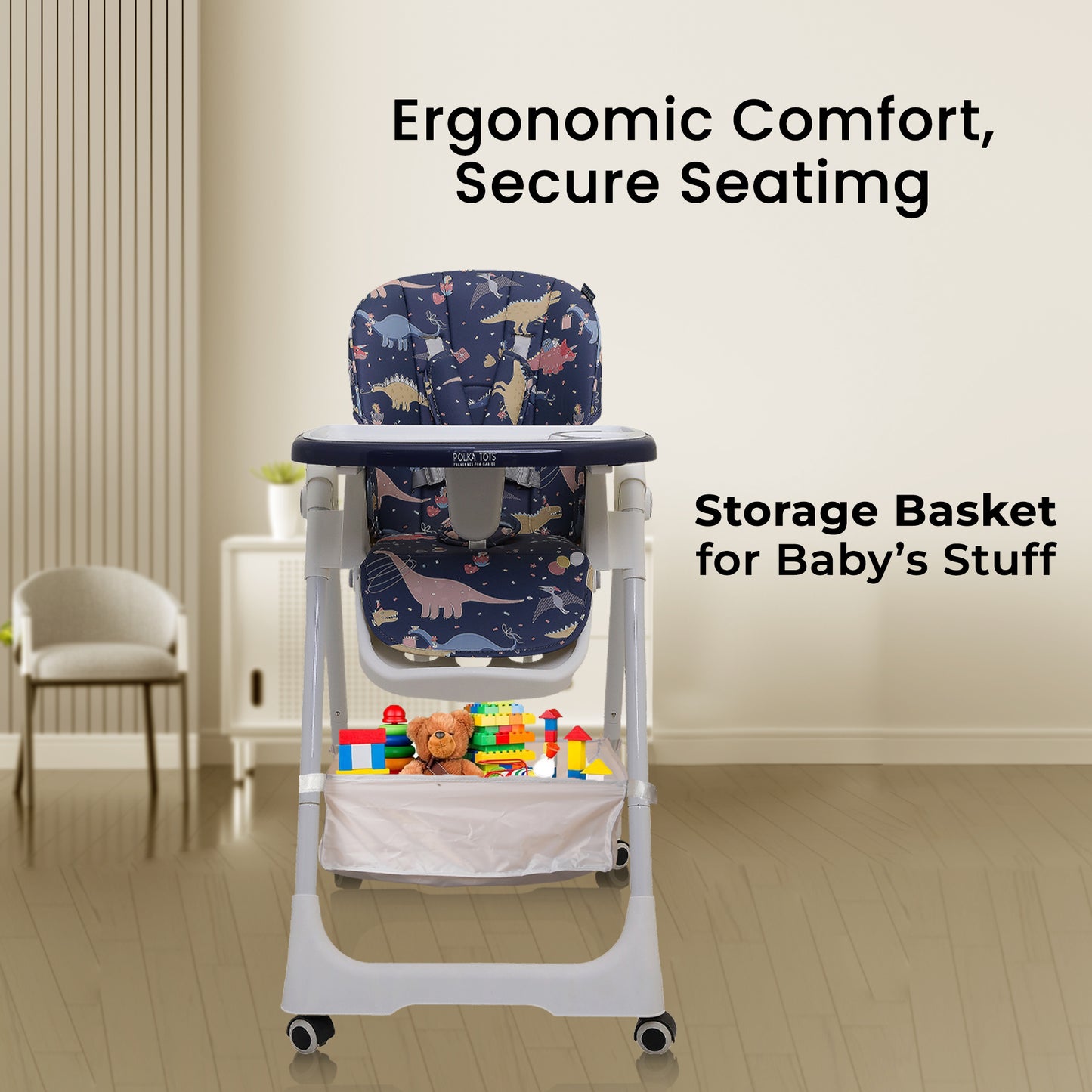 Polka Tots Twist n’ Taste 3 in 1 Convertible Dino Design High Chair - (Blue)