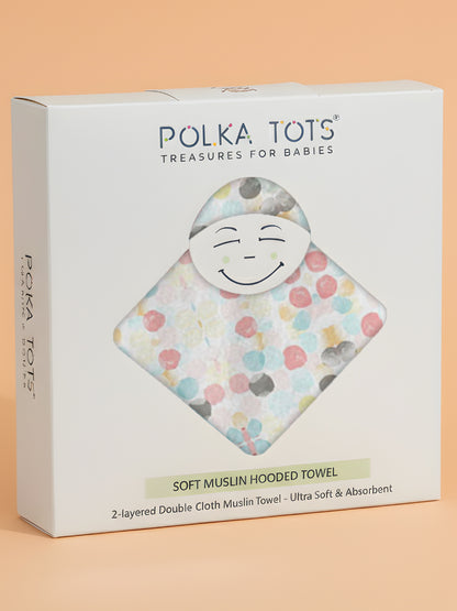 Polka Tots 100% Soft Muslin Cotton 2-Layer Hooded Baby Towel with Ear Appliqué - Polka Dots Print