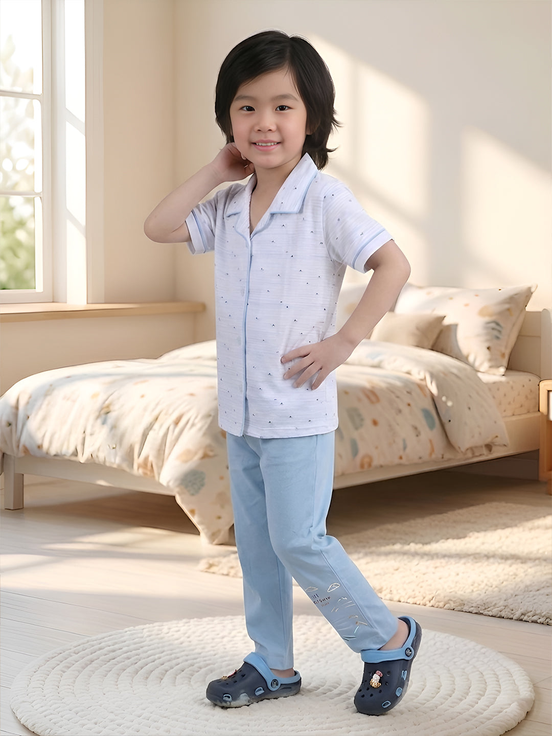 Polka Tots Half sleeves Boat Print Night Suit - Blue